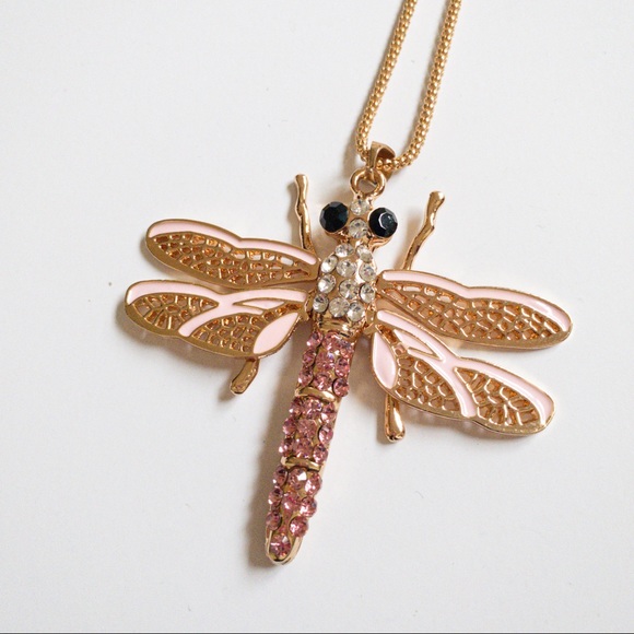 Betsey Johnson Pink Gold Dragonfly Crystal Necklace - Picture 3 of 4